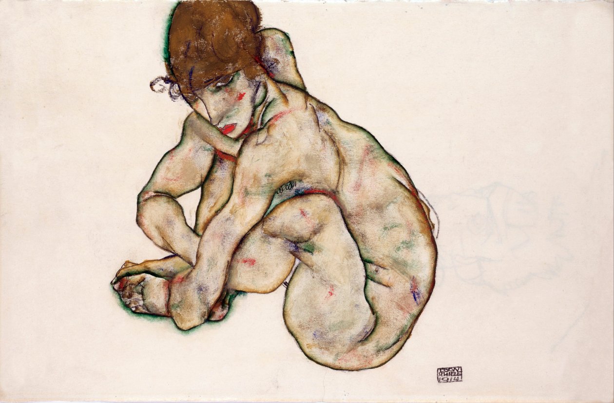 Guggoló akt lány - Schiele, Egon (1890-1918) - 1914 - Fekete kréta, gouache papíron - 31,5x48,2 - Leopold Múzeum, Bécs alkotó: Egon Schiele