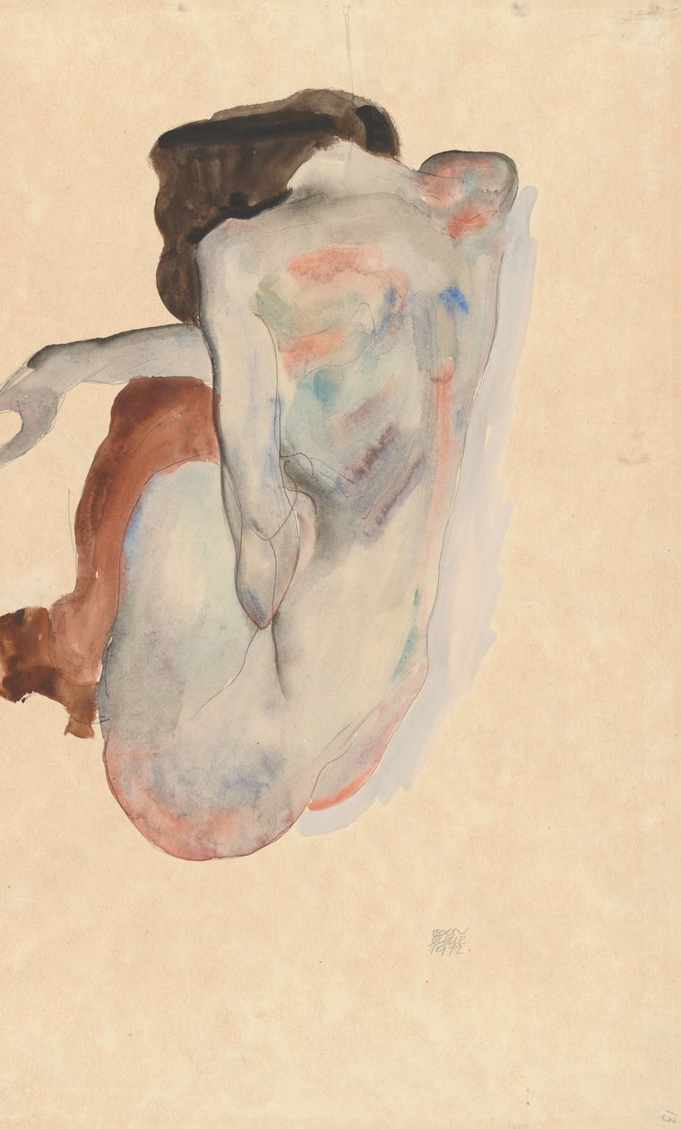 Guggoló akt cipőben és fekete harisnyában, Hátulnézet, 1912. alkotó: Egon Schiele