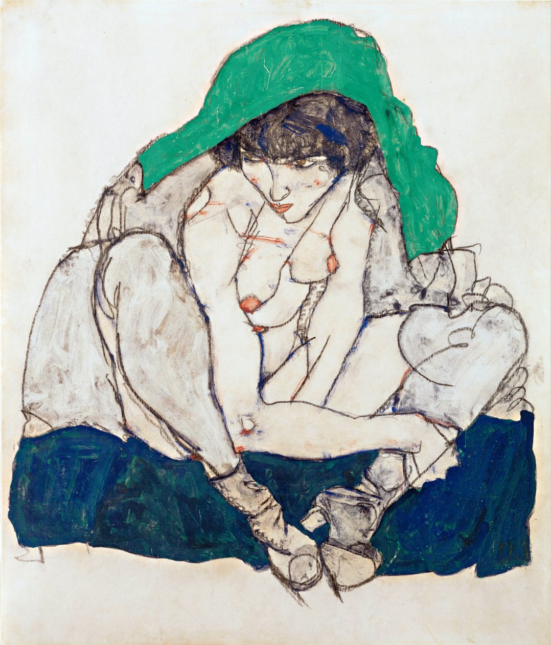 Guggoló nő zöld fejkendővel - Schiele, Egon (1890-1918) - 1914 - Fekete kréta, gouache papíron - 47x31 - Leopold Múzeum, Bécs alkotó: Egon Schiele