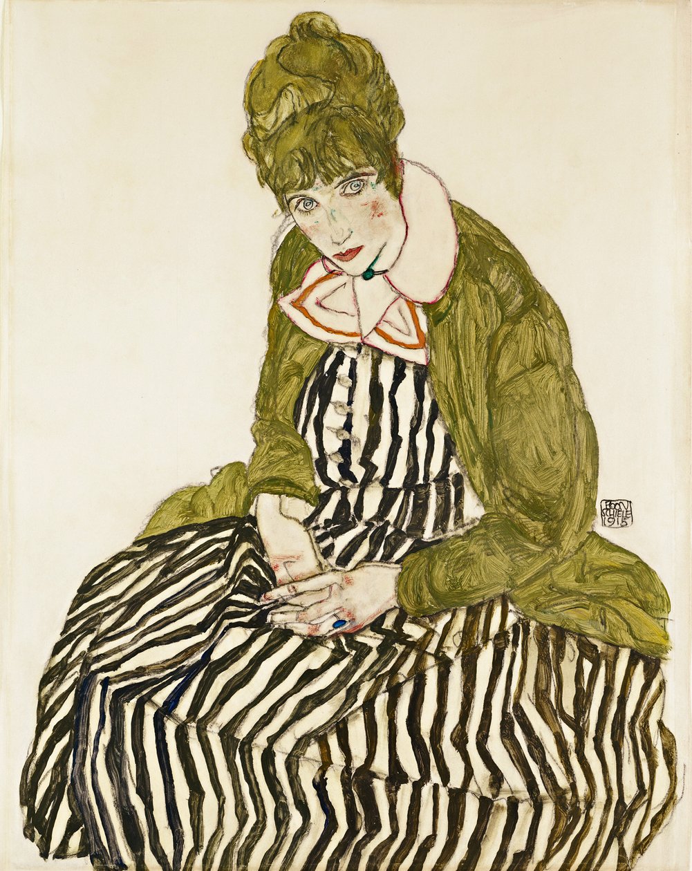 Edith Schiele csíkos ruhában, ülve. Egon Schiele (1890-1918) munkája, ceruza és gouache papíron alkotó: Egon Schiele