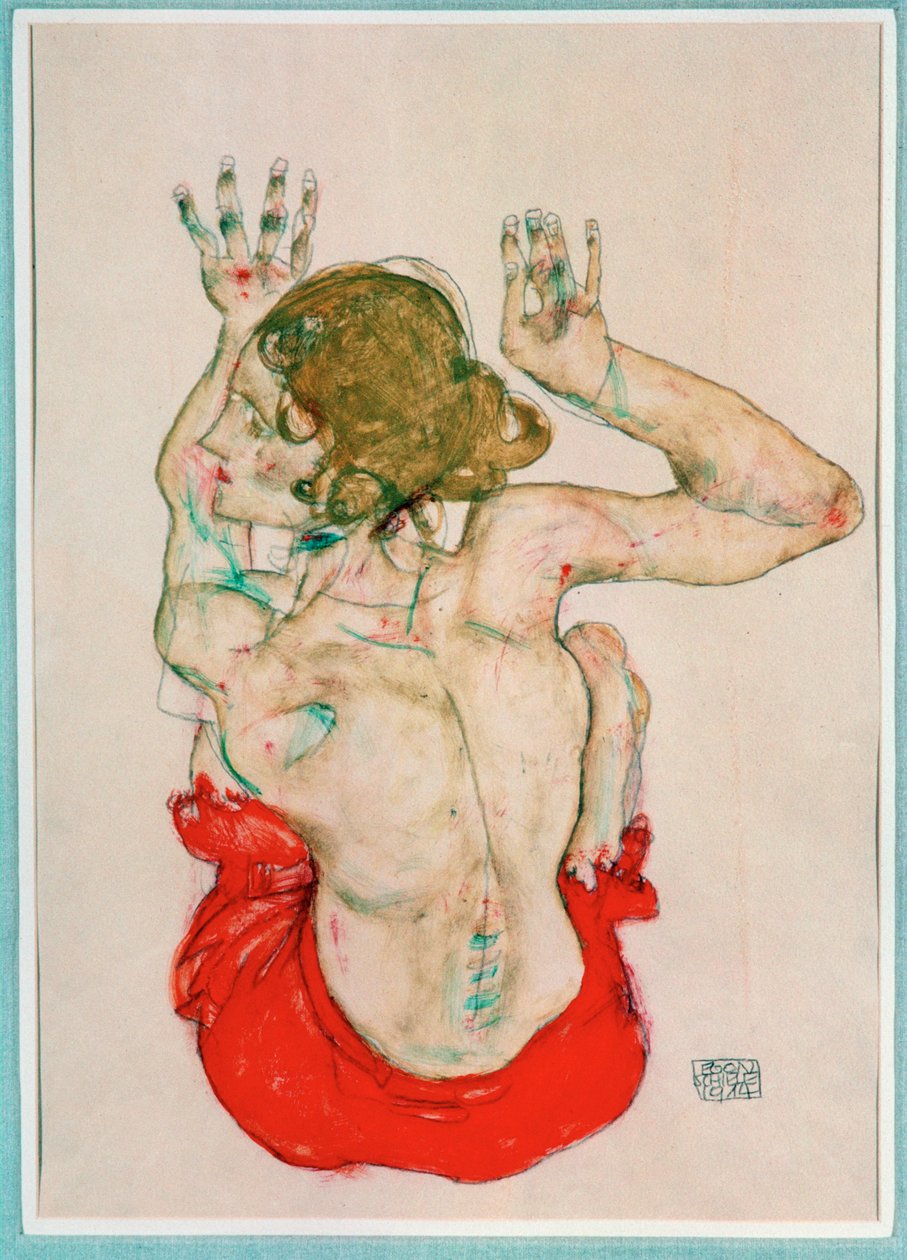 Női akt vörös drapérián ülve, hátulnézet (gouache, akvarell és ceruza) alkotó: Egon Schiele