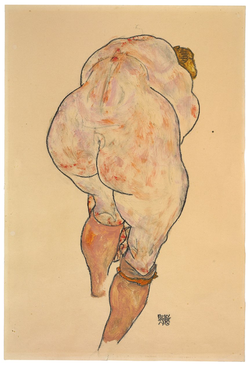 Harisnyát felhúzó női akt, hátulnézet, 1918 alkotó: Egon Schiele
