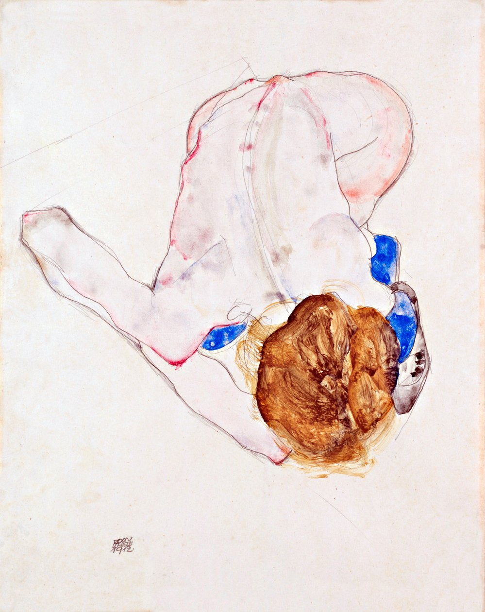 Meztelen nő kék harisnyában, előrehajolva - Gouache papíron Egon Schiele (1890-1918) alkotó: Egon Schiele