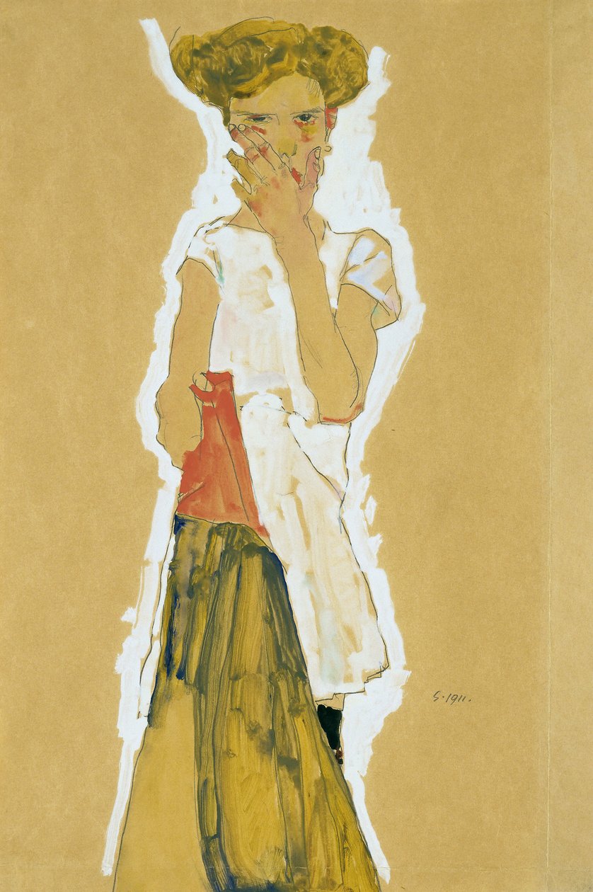 ""Standing Girl in White Alsoszoknyás"" (Standing Girl in White Alsoszoknyás) Gouache papíron, Egon Schiele (1890-1918) - 1911 Dim 55x37 cm Museum of Modern Art, New York alkotó: Egon Schiele
