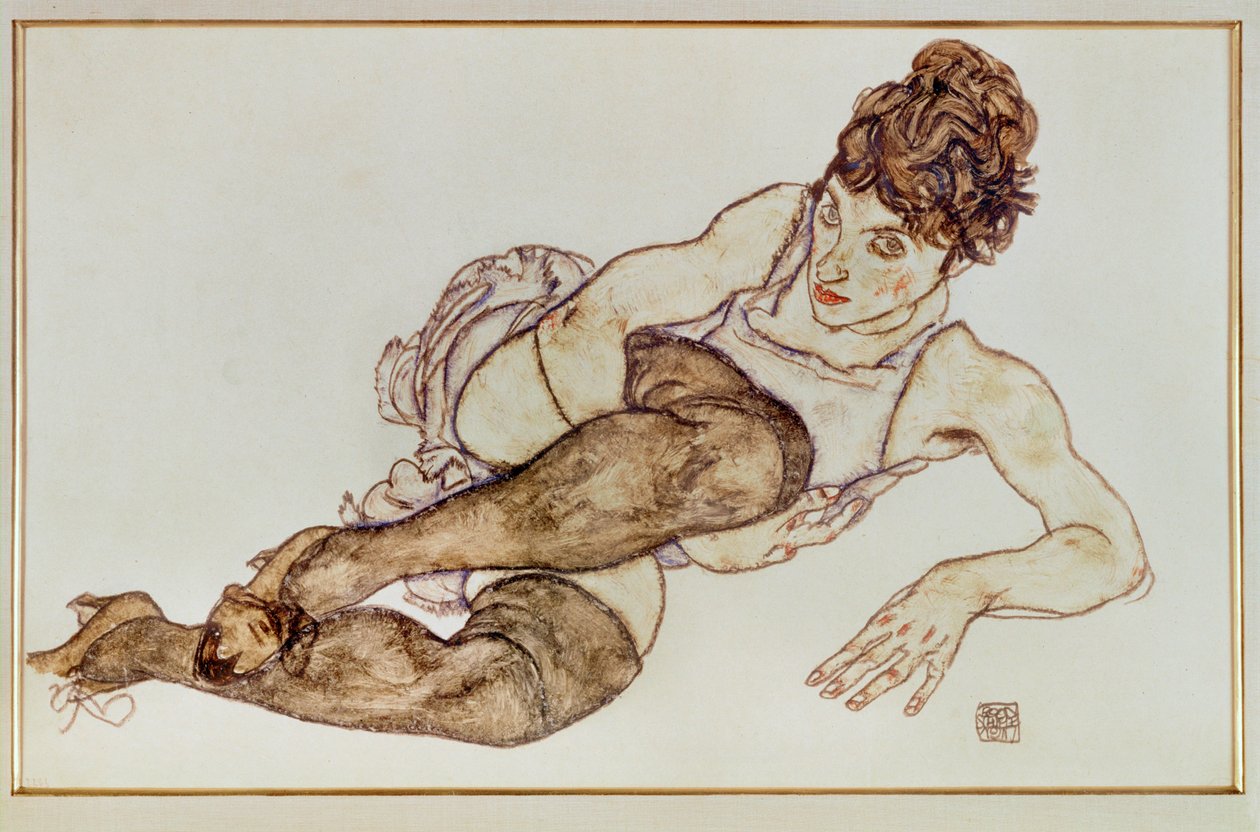 Nő barna harisnyával - Woman ... (gouache és fekete zsírkréta) alkotó: Egon Schiele