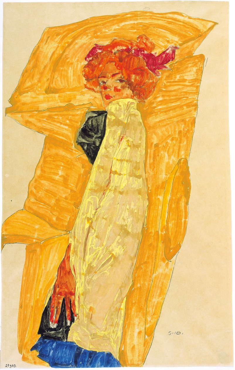 Gerti az okker színű drapéria előtt, 1910. alkotó: Egon Schiele