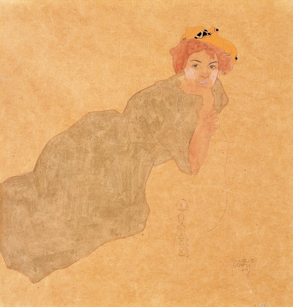 Lány olíva színű ruhában, megtámasztott karral; Nő olajbogyó ruhában, felemelt karral alkotó: Egon Schiele