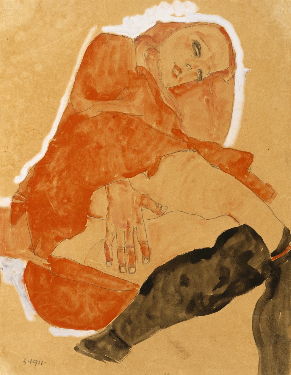 Lány piros köntösben és fekete harisnyában alkotó: Egon Schiele