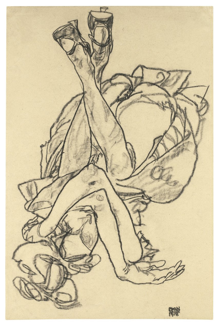Lány hanyatt fekve keresztbe tett kézzel és lábbal, 1918 alkotó: Egon Schiele