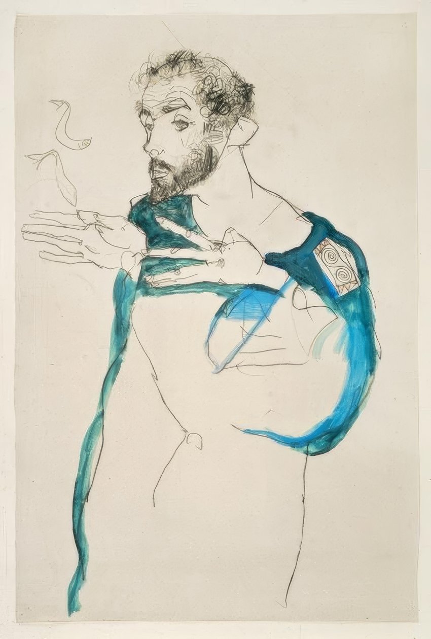 Gustav Klimt kék munkaköpenyében alkotó: Egon Schiele