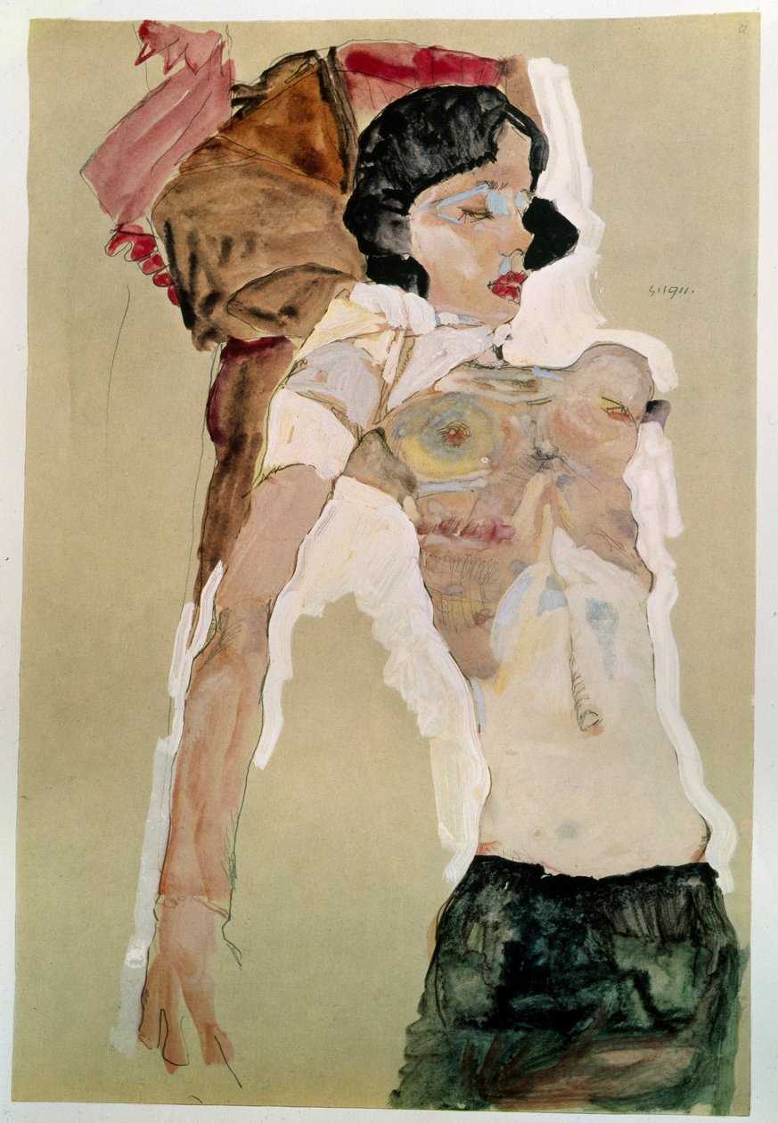 Félmeztelen nőstény. Egon Schiele (1890-1918) rajza, 1911 Ceruza és akvarell papírra. Mérete: 45,9x31,1 cm. Bécs, Graphische Sammlung Albertina alkotó: Egon Schiele