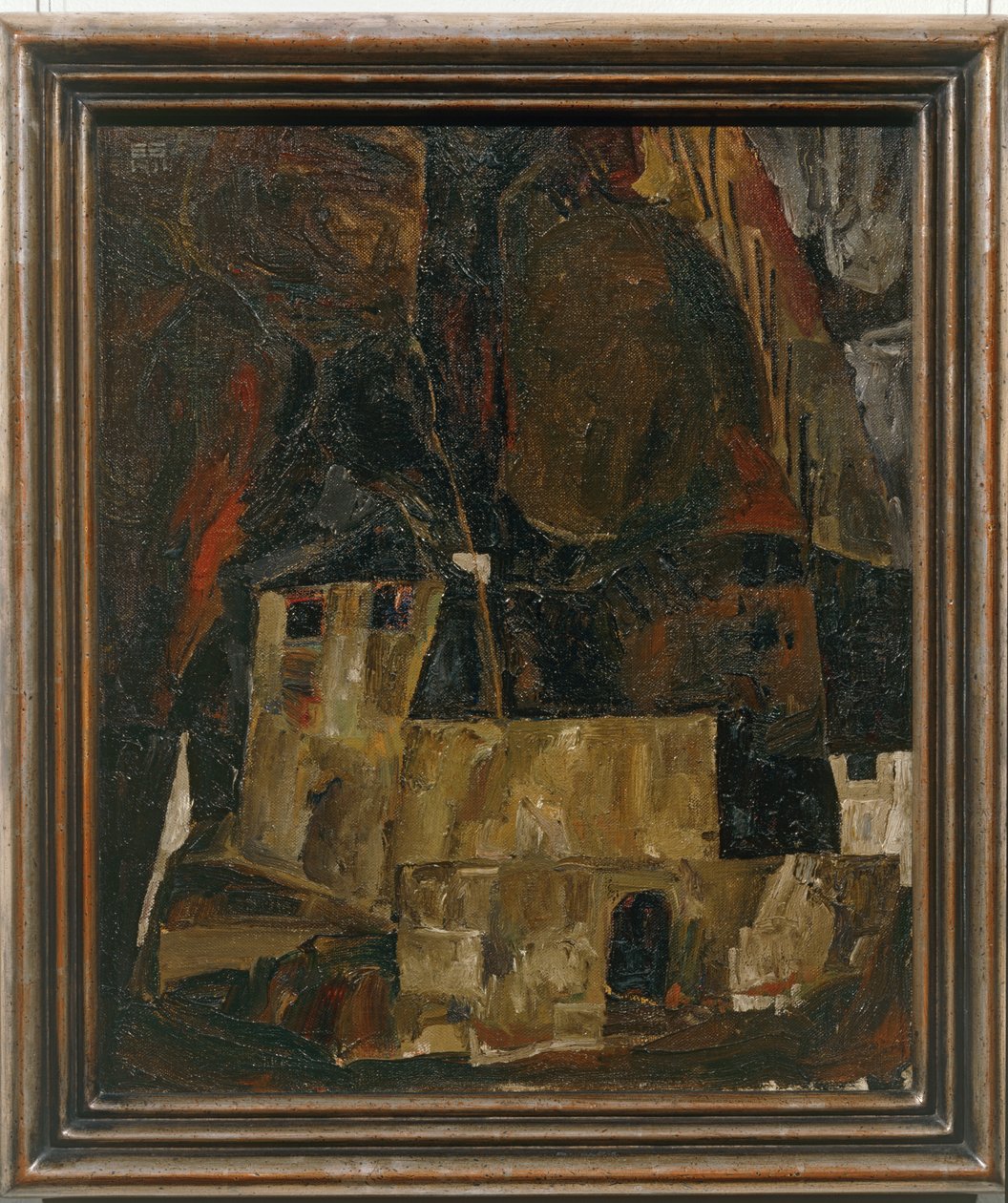 Haus und Mauer vor hügeligem Gelände - Ház és fal egy dombos táj előtt ... alkotó: Egon Schiele
