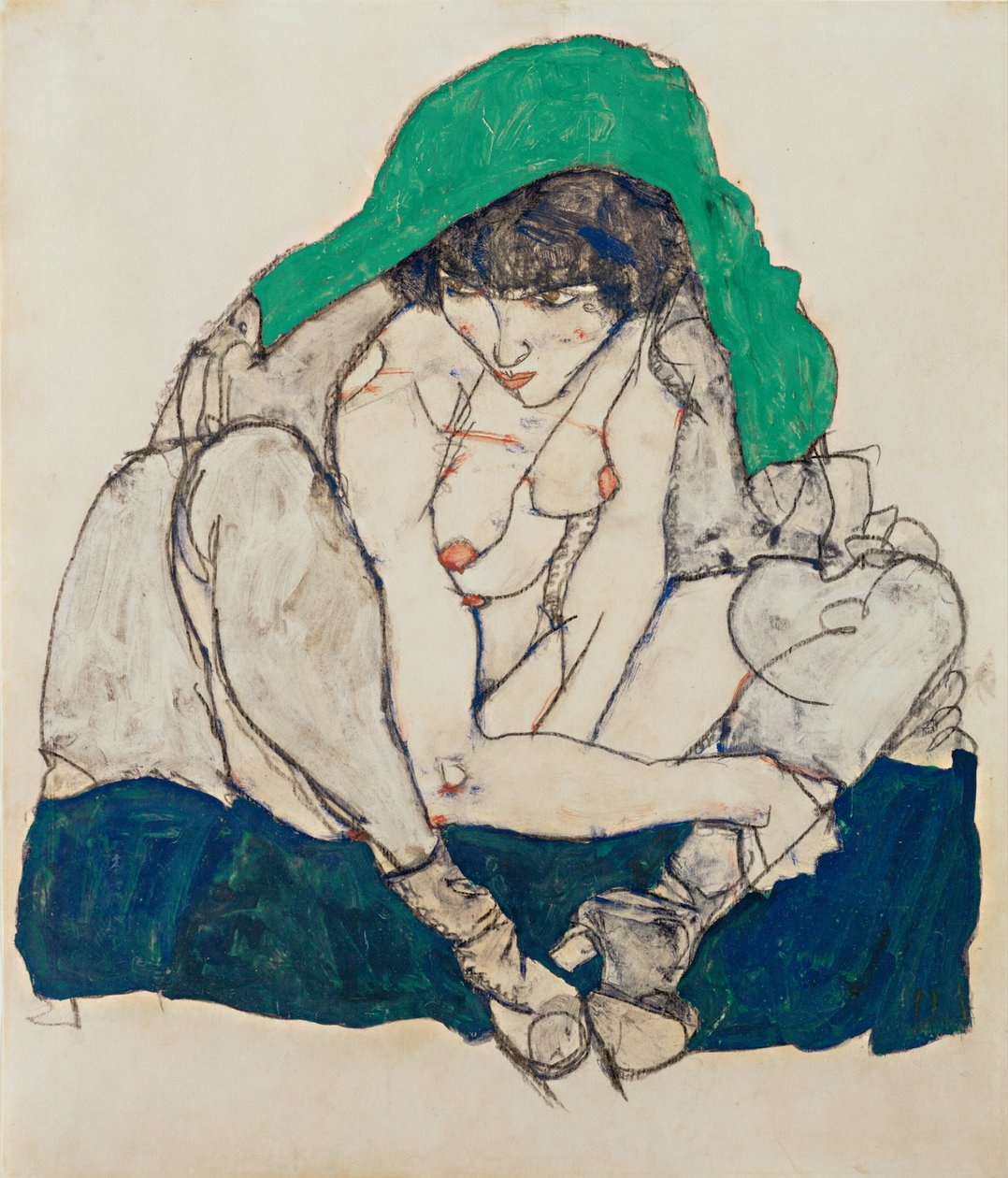 Guggoló nő zöld fejkendővel alkotó: Egon Schiele