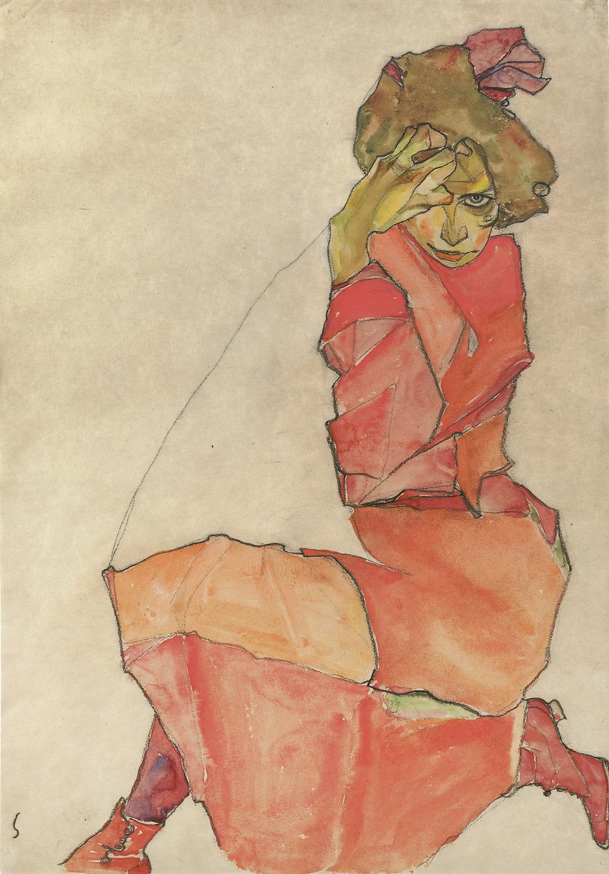 Térdelő nő narancsvörös ruhában, 1910 alkotó: Egon Schiele