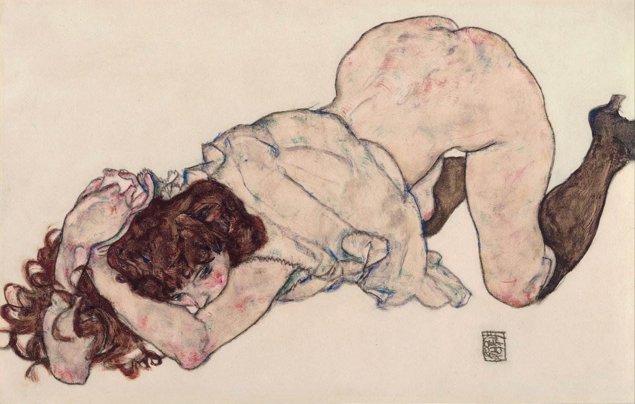 Térdelő lány, mindkét könyökén nyugszik, 1917 alkotó: Egon Schiele