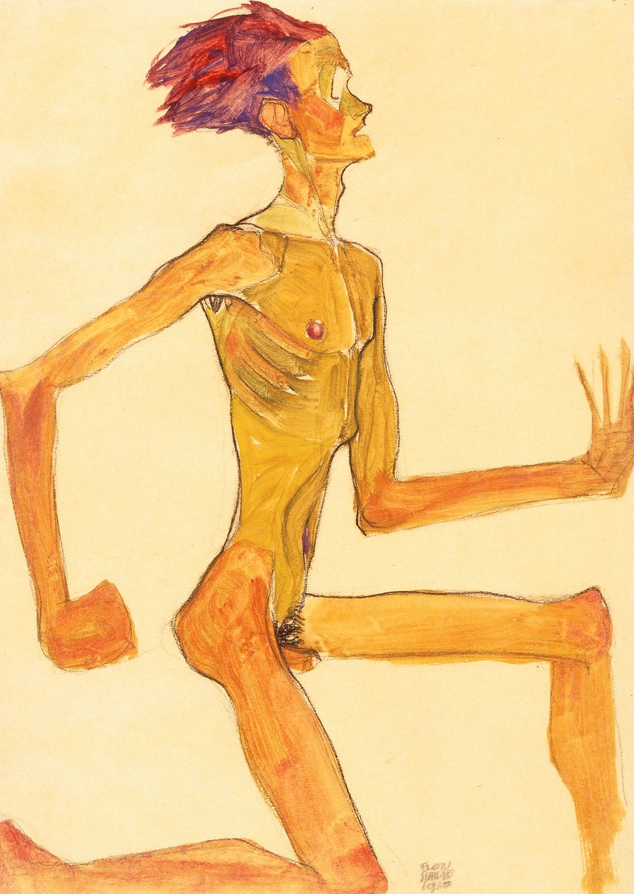 Térdelő meztelen férfi, profilban jobbra alkotó: Egon Schiele