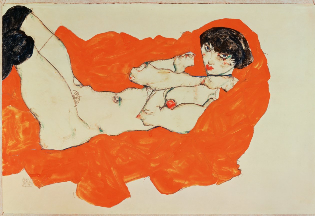 Fekvő női akt vörös ruhán - Reclining ... (gouache és fekete zsírkréta) alkotó: Egon Schiele