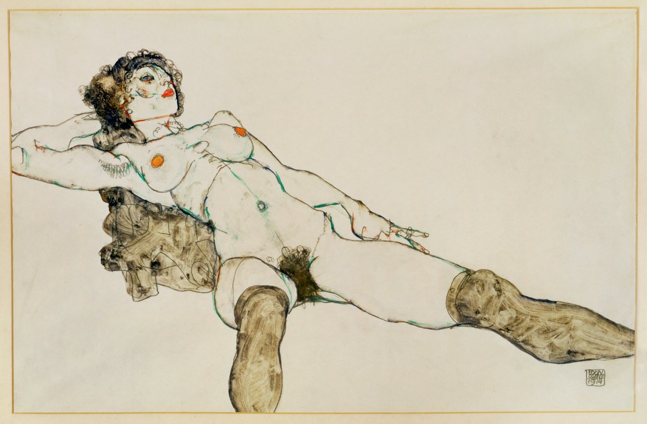 Fekvő női akt széttárt lábakkal ... (gouache és ceruza) alkotó: Egon Schiele