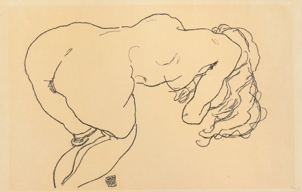 Hosszú hajú akt, előre dőlve, hátulnézet; Langhaariger Akt, vornubergebeugt, Ruckenansicht, 1918 alkotó: Egon Schiele