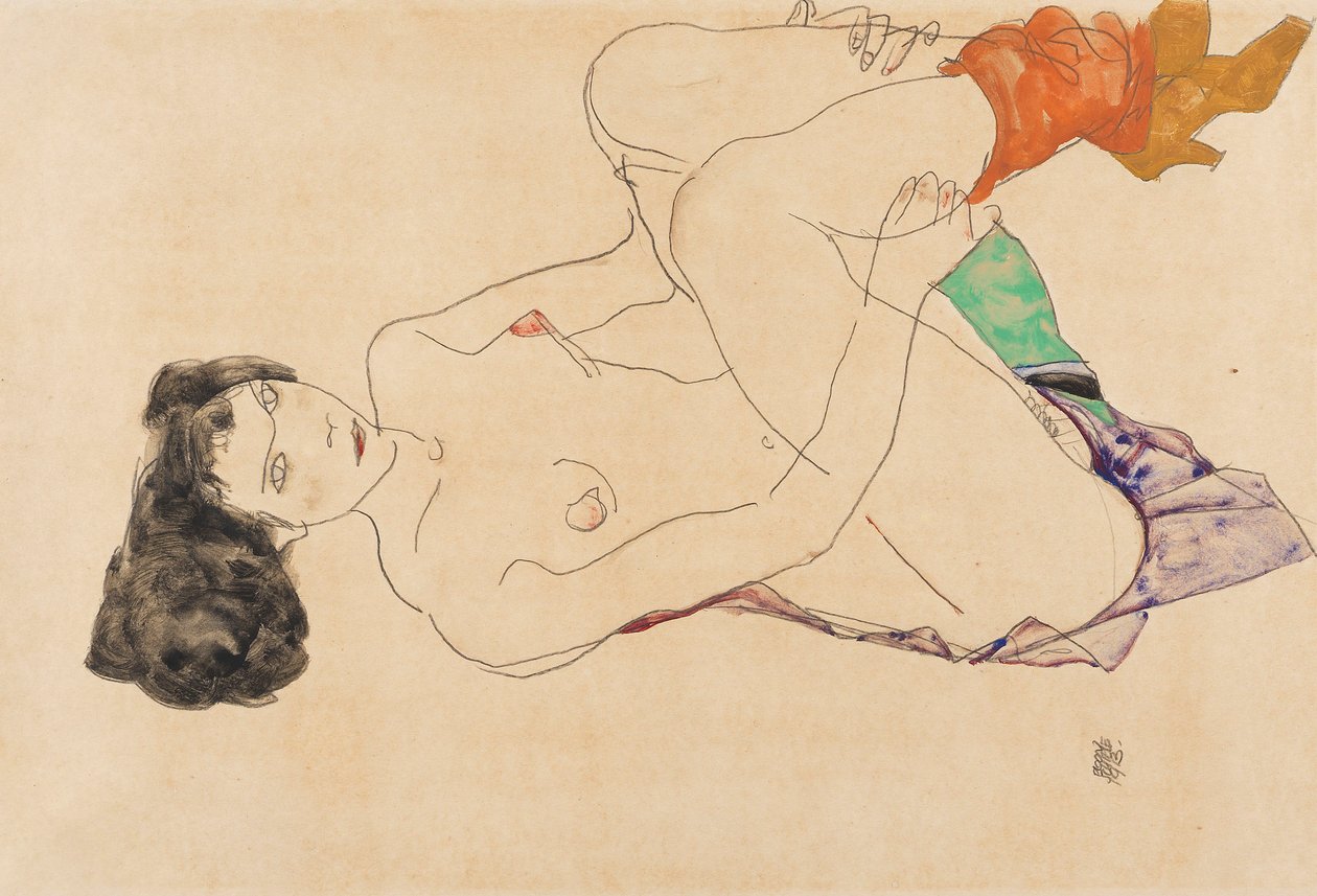 Fekvő női akt felhúzott lábakkal, 1913. alkotó: Egon Schiele