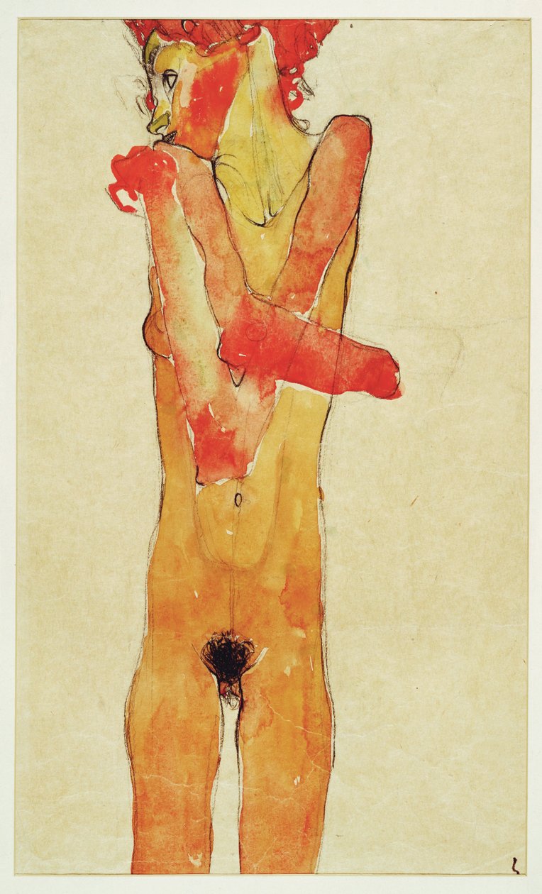 Maedchenakt mit verschraenkten Armen (meztelen lány ... (akvarell és szén) alkotó: Egon Schiele
