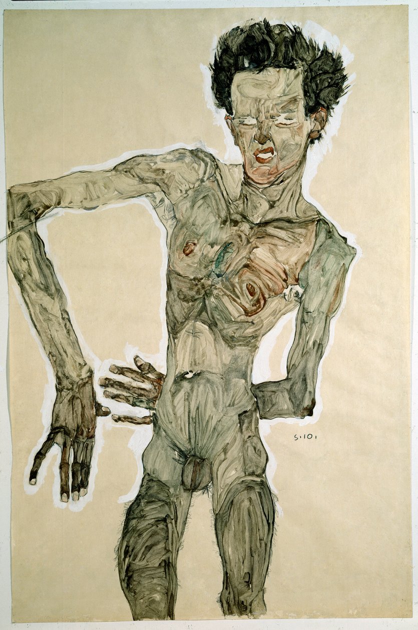Férfi akt (önarckép). Egon Schiele (1890-1918) rajza, 1910. Ceruza, akvarell és tempera papíron. Mérete: 55,7x36,8 cm. Bécs, Graphische Sammlung Albertina alkotó: Egon Schiele
