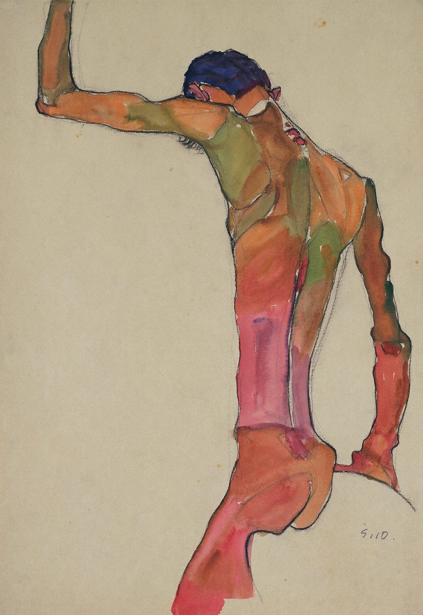 Férfi akt felemelt karral - Egon Schiele életmű (1890-1918) - 1910 - Akvarell és szén papíron - 45x31 - Modern Művészetek Múzeuma, New York alkotó: Egon Schiele