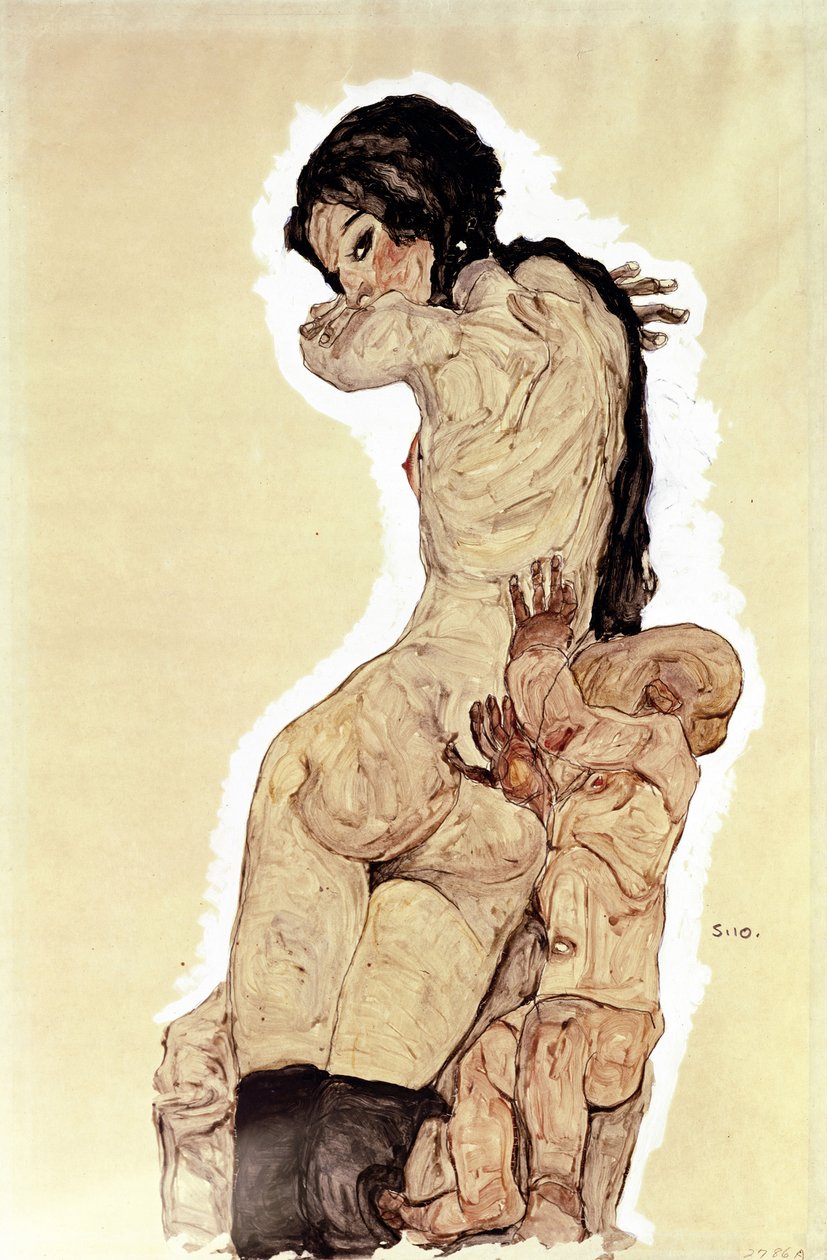 Anya és gyermek. (Anya és gyermek). Egon Schiele (1890-1918) munkája, akvarell és gouache papíron alkotó: Egon Schiele