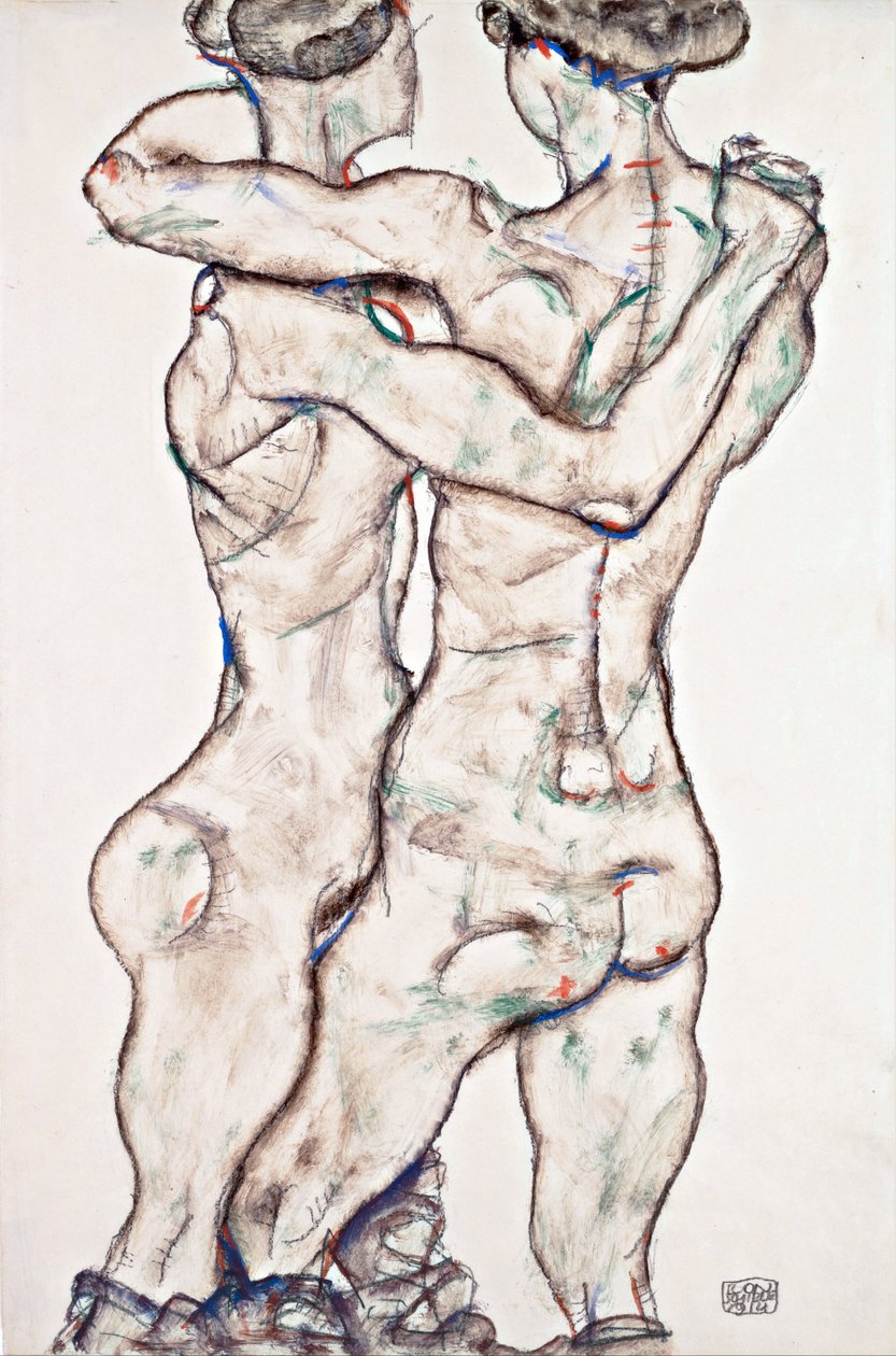 Meztelen lányok ölelkezve - Schiele, Egon (1890-1918) - 1914 - Fekete kréta, gouache papíron - 48x31,2 - Leopold Múzeum, Bécs alkotó: Egon Schiele