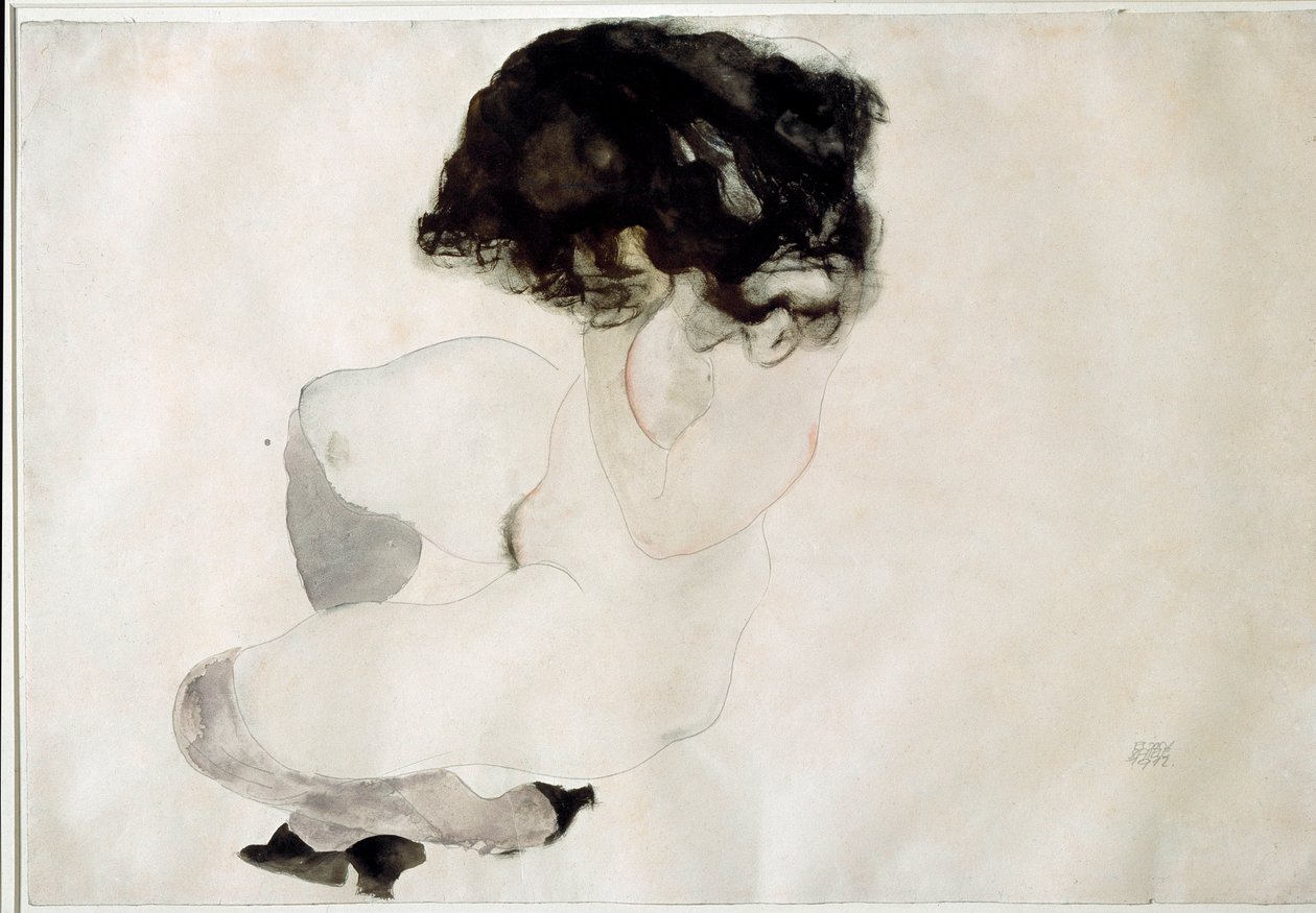 Meztelen guggolás. Egon Schiele rajza alkotó: Egon Schiele