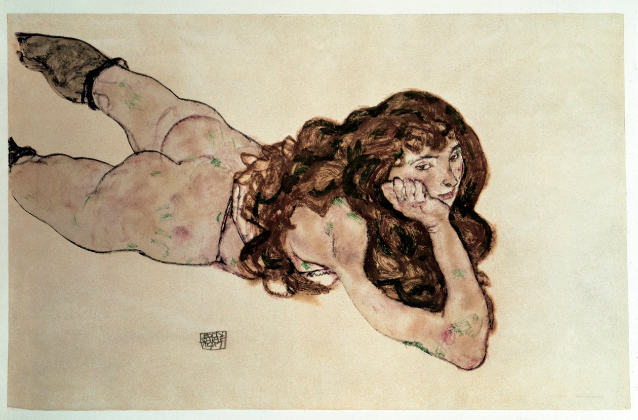 Meztelen nőies, lapos hassal. Egon Schiele rajza alkotó: Egon Schiele