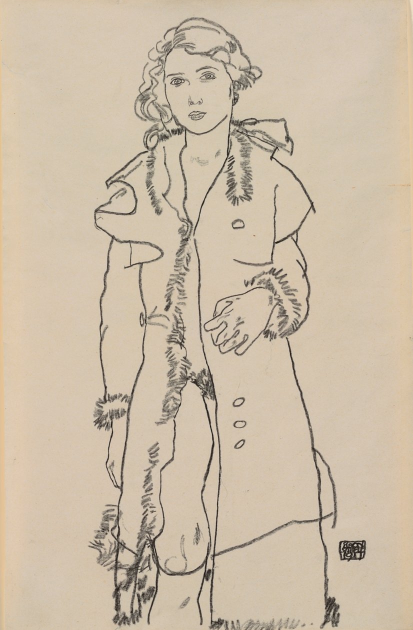 Meztelen szőrmével díszített kabáttal; Meztelen lány prémes kabáttal, 1917 alkotó: Egon Schiele