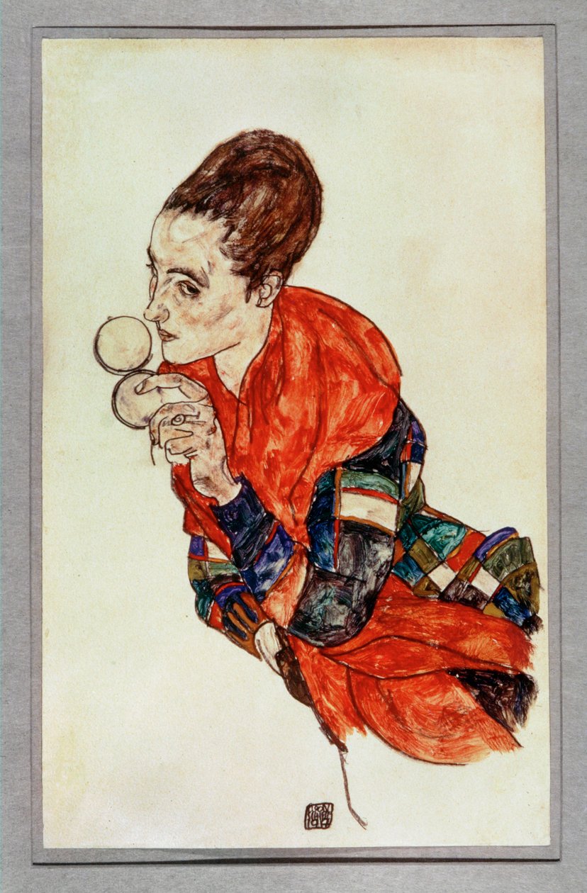 Marga Boerner színésznő portréja púderdobozzal ... (gouache és fekete zsírkréta) alkotó: Egon Schiele