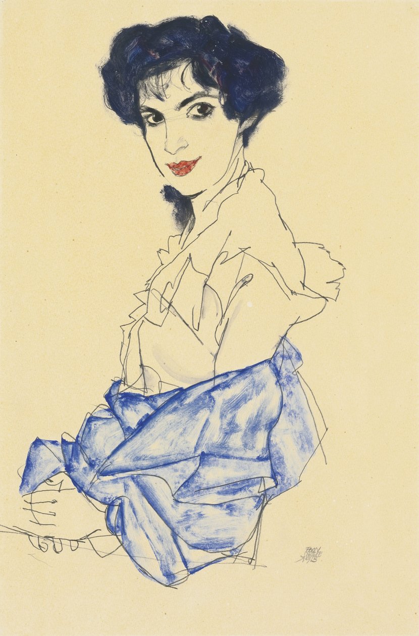 Erzsébet Lederer portréja, ülve, összekulcsolt kézzel, 1913 alkotó: Egon Schiele