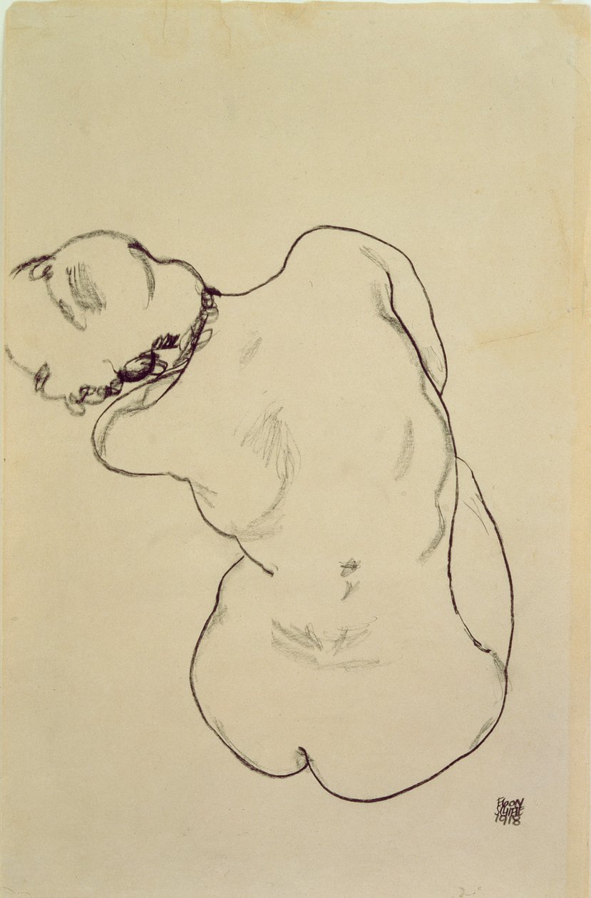 Fekvő akt – Hátulnézet, 1918 (fekete zsírkréta papíron) alkotó: Egon Schiele