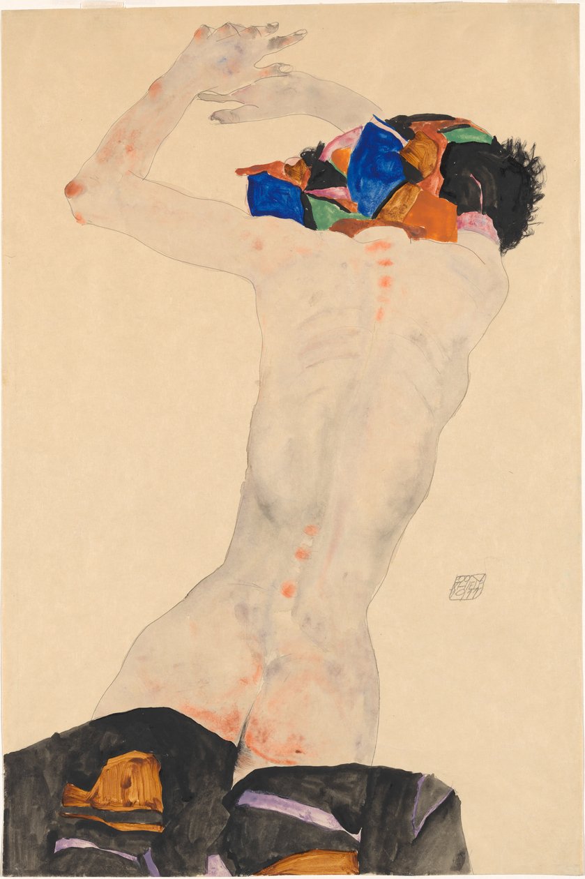 Rückenakt mit buntem Tuch Nude hátulról színes kendővel, 1911. alkotó: Egon Schiele