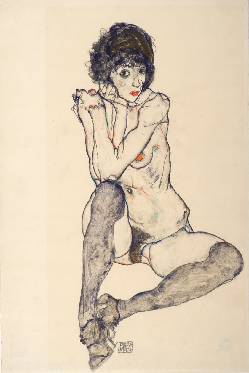 Ülő női akt, könyökök a jobb térdre támaszkodva, 1914. alkotó: Egon Schiele