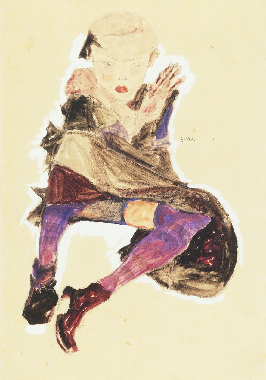 Ülő lány csíkos harisnyával; Ülő lány csíkos harisnyával, 1910 alkotó: Egon Schiele