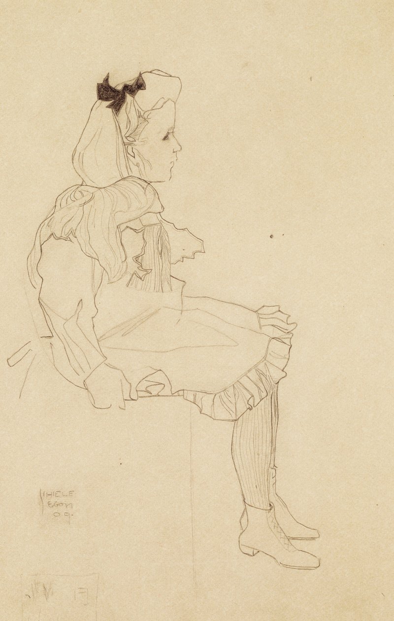 Ülő lány masnival a hajában, 1909 alkotó: Egon Schiele