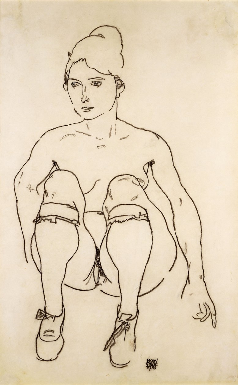 Ülő akt cipővel és harisnyával; Ülő akt cipővel és harisnyával, 1918 alkotó: Egon Schiele