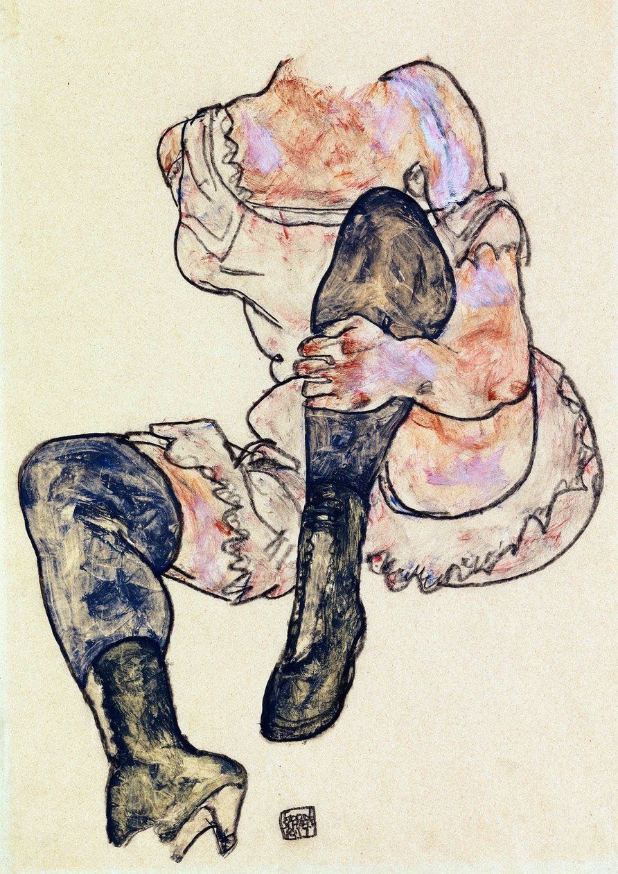 Ülő nő hajlított bal lábbal (torzó) par Schiele, Egon (1890-1918), c. 1917 - Gouache és pasztell papíron, 43,2x29,9 - Magángyűjtemény alkotó: Egon Schiele