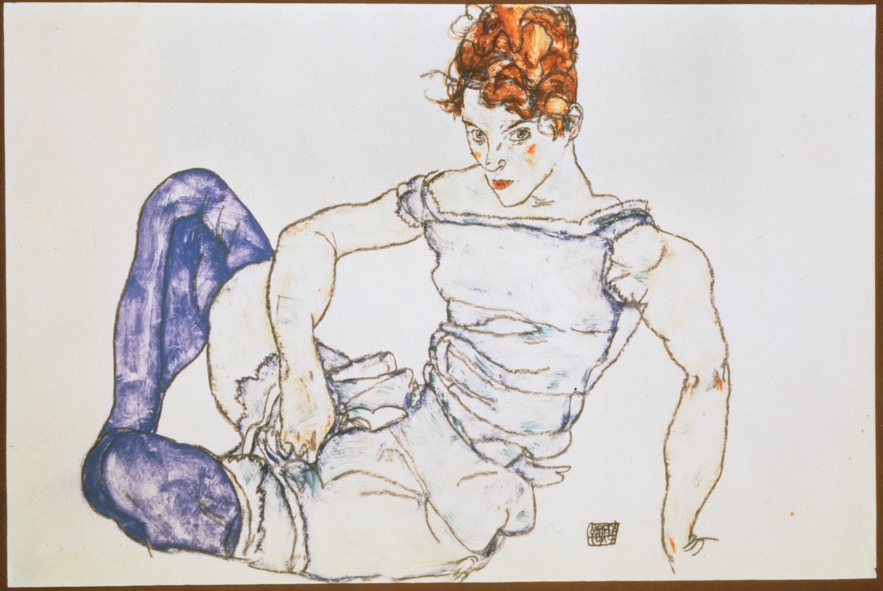 Ülő nő lila harisnyában ... (gouache és fekete zsírkréta) alkotó: Egon Schiele