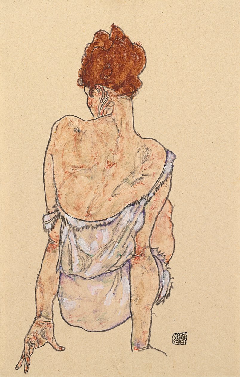 Ülő nő fehérneműben, hátulnézet, 1917 alkotó: Egon Schiele