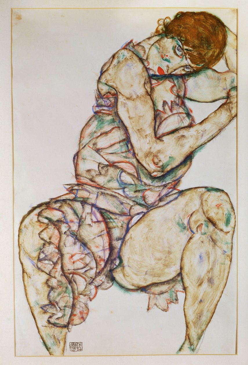 Ülő nő bal kézzel a hajában (gouache és ceruza) alkotó: Egon Schiele