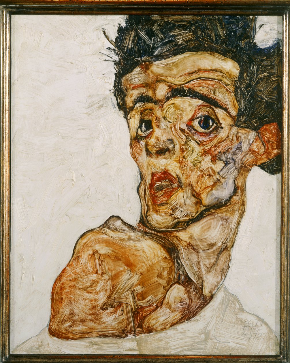 Önarckép felemelt csupasz válljal alkotó: Egon Schiele