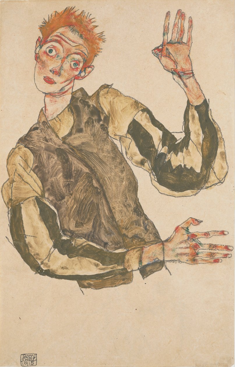 Önarckép csíkos karvédőkkel alkotó: Egon Schiele