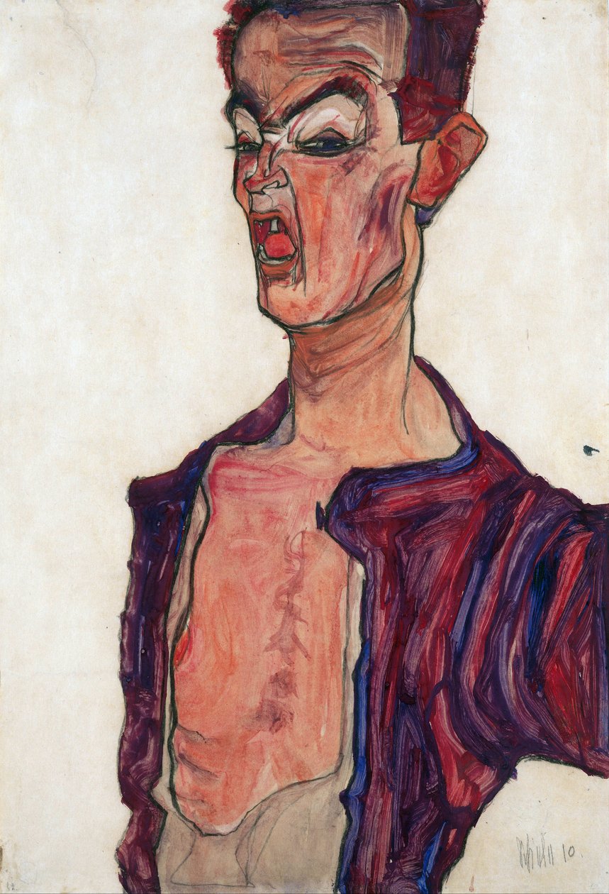 Önarckép, Grimaszoló - Schiele, Egon (1890-1918) - 1910 - Gouache papíron - 45,3x30,7 - Leopold Múzeum, Bécs alkotó: Egon Schiele