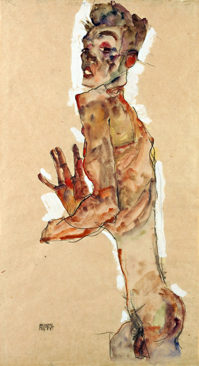 Önarckép széttárt ujjakkal - Schiele, Egon (1890-1918) - 1911 - Fekete kréta, gouache papíron - 52,5x28 - Leopold Múzeum, Bécs alkotó: Egon Schiele