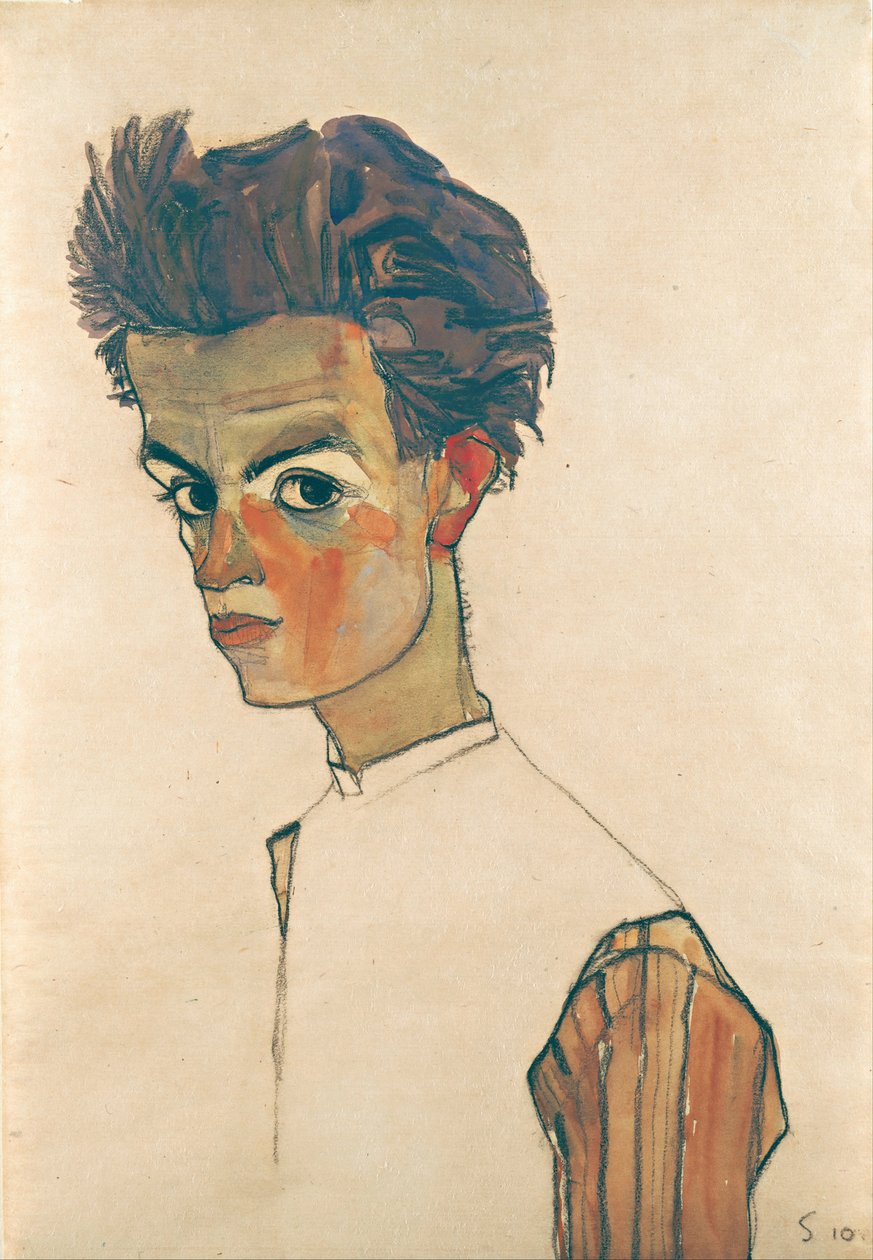 Önarckép csíkos inggel, 1910 (grafit és WC papíron) alkotó: Egon Schiele