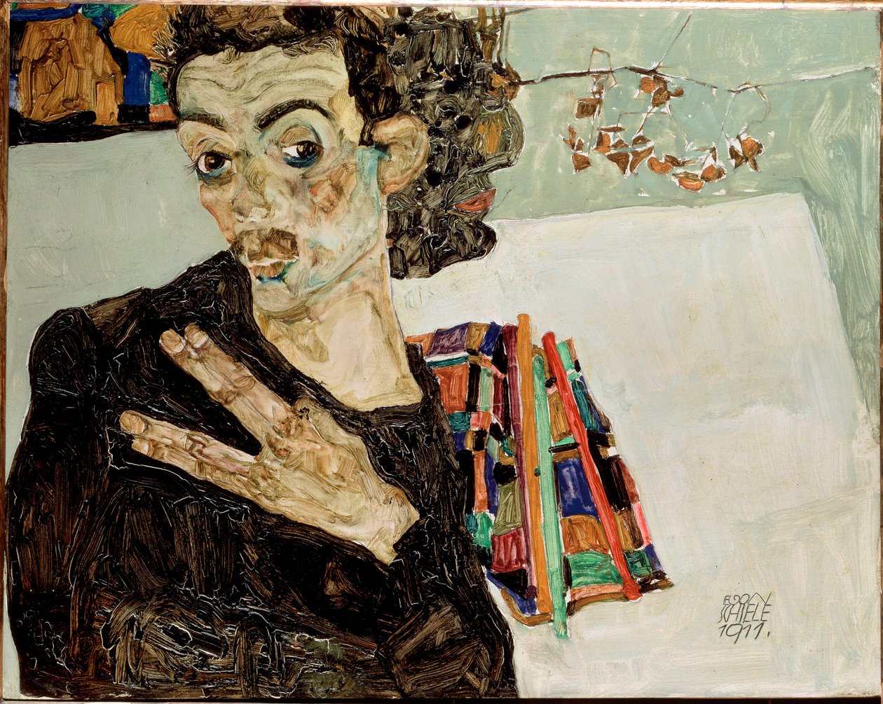Önarckép széttárt ujjakkal. Egon Schiele festménye alkotó: Egon Schiele